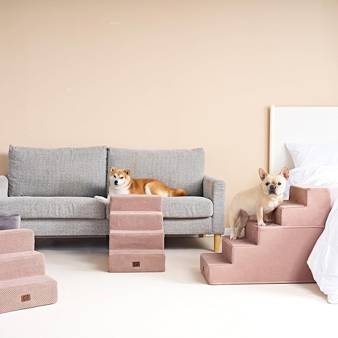 EHEYCIGA Dog Stairs for Bed 18" H, 4-Step Dog Steps for High Bed, Pet Steps for Small Dogs and Cats, Non-Slip Balanced Pet Ramp Indoor, Pink-PurrikoPets