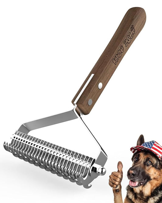 Extra Large 2-Sided Undercoat Rake for Dogs & Cats, Dog Brush for Shedding Remove Mats, Dematting Comb, Safe & Gentle Grooming Brush for German Shepherds Medium to Long-Haired Pets (Walnut Handle)-PurrikoPets