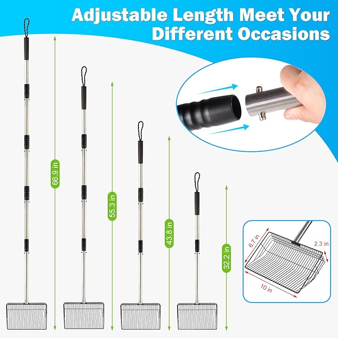 10inch Large Metal Chicken Poop Scooper,32 to 67" Adjustable Long Chicken Coop Litter Scoop,Heavy Duty Sifting Shovel for Chicken Coop & Pet Waste Cleaning-PurrikoPets