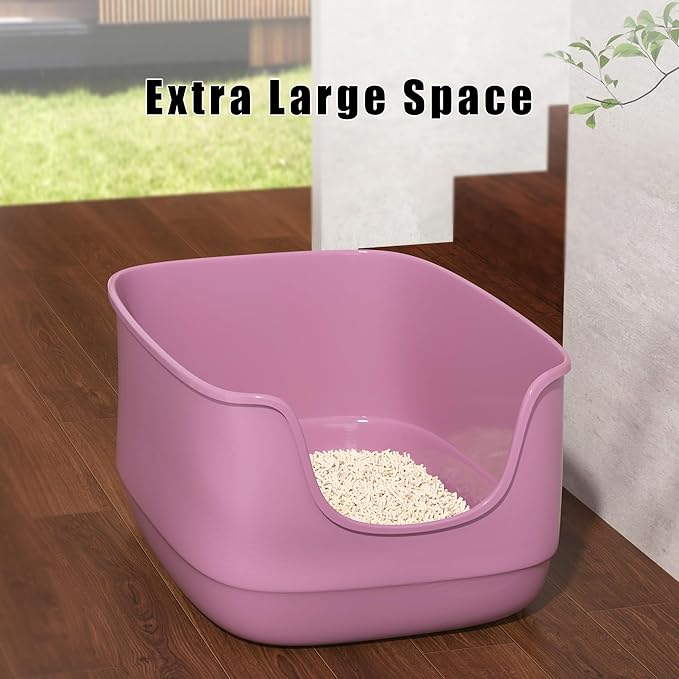 Gefryco Large Cat Litter Box with High Sided 24.6"x18.3"x12.2" - Jumbo Extra Large Open Anti - Splashing High Wall for Multiple Cats (Pink)-PurrikoPets