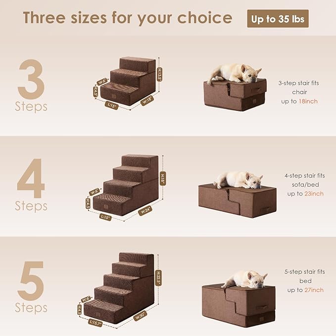 EHEYCIGA Dog Stairs for Small Dogs 13.5" H, 3-Step Dog Steps for Couch Sofa and Chair, Pet Steps for Medium Cats, Non-Slip Balanced Pet Ramp Indoor, Brown-PurrikoPets