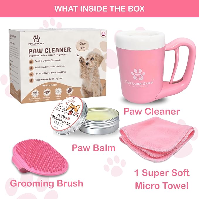Dog Paw Cleaner for Small & Medium Dogs – Portable Paw Washer Cup with Soft Silicone Brush, Towel & Moisturizing Balm – Gently Cleans Muddy Paws After Walks (Pink, Medium)-PurrikoPets