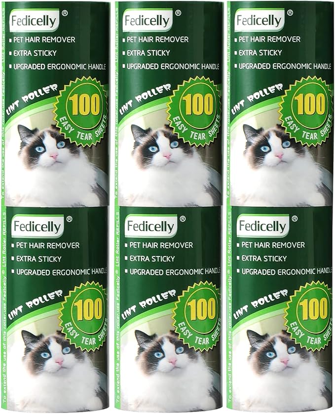 Fedicelly Lint Rollers Pet Hair Extra Sticky Refills,Mega Value Set 600 Sheets for Cat and Dog Hair Removal,100 Sheets Per Roller (Pack of 6)-PurrikoPets