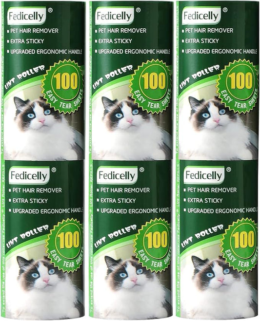 Fedicelly Lint Rollers Pet Hair Extra Sticky Refills,Mega Value Set 600 Sheets for Cat and Dog Hair Removal,100 Sheets Per Roller (Pack of 6)-PurrikoPets