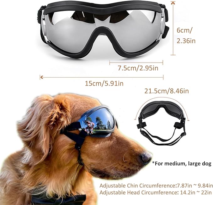 Dog Sunglasses for Large and Medium Breed, Dog Goggles for Large Dogs, Sun Protection, Windproof, Waterproof, Dustproof and Anti-Fog with Adjustable Strap for Driving, Motorcycle, Black-PurrikoPets