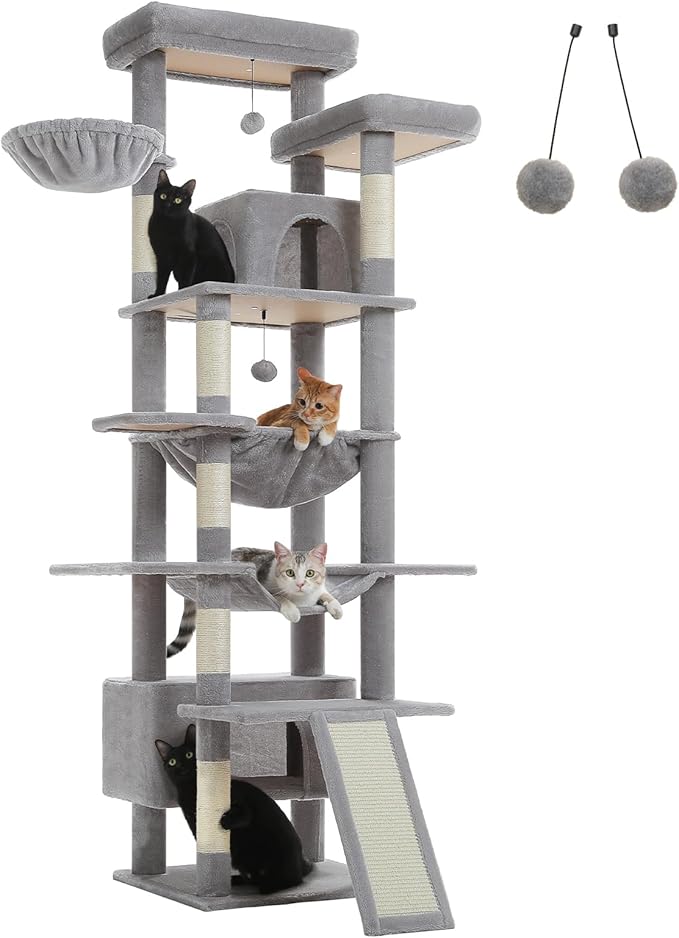 81" Heavy Duty Cat Tree for Large Cats up to 20lbs - Extra Tall Cat Tower with Metal Frame Hammock, 6 Sisal Scratching Posts, 2 Perches - Indoor Cat Furniture for Maine Coon, Big Cats, Gray-PurrikoPets
