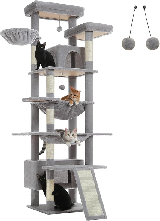 81" Heavy Duty Cat Tree for Large Cats up to 20lbs - Extra Tall Cat Tower with Metal Frame Hammock, 6 Sisal Scratching Posts, 2 Perches - Indoor Cat Furniture for Maine Coon, Big Cats, Gray-PurrikoPets