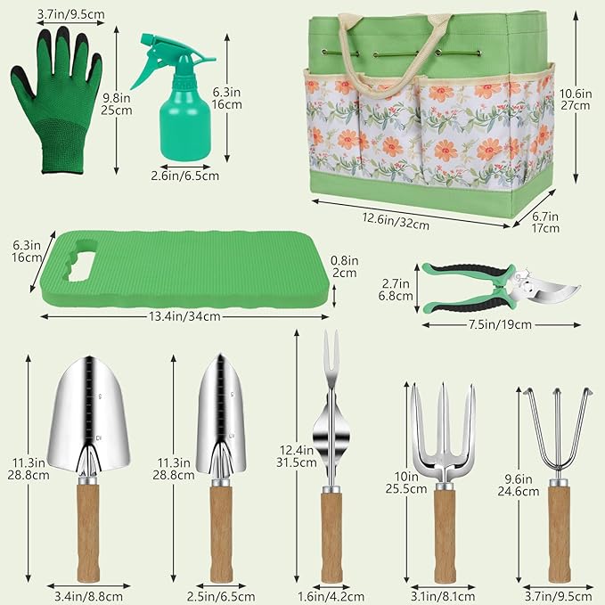 Gardening Tools 10-Piece Heavy Duty Stainless Steel Hand Tools with Durable Garden Tools Storage Tote,Rust-Proof Garden Tool Set, Ideal Gardening Gifts for Women Yellow Floral Pattern Design-PurrikoPets