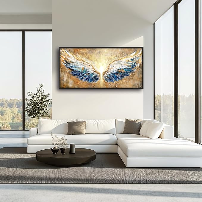 Extra Large Angel Wings Framed Wall Art for Living Room,Oversized Golden Wings Pictures Wall Decor,Holy Gold Blue Canvas Print Painting Modern Artwork Bedroom Office Bathroom 60L" x 30W"-PurrikoPets