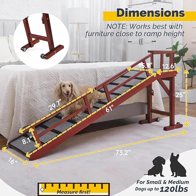 Dog Ramp for Bed or Couch, Wooden Pet Ramp with 20° Gentle Slope, Removable Side Rails, Non-Slip Surface, Top Platform & Wheels, Safe Bed Ramp for Small, Medium & Senior Dogs, 74" Long, Mahogany-PurrikoPets