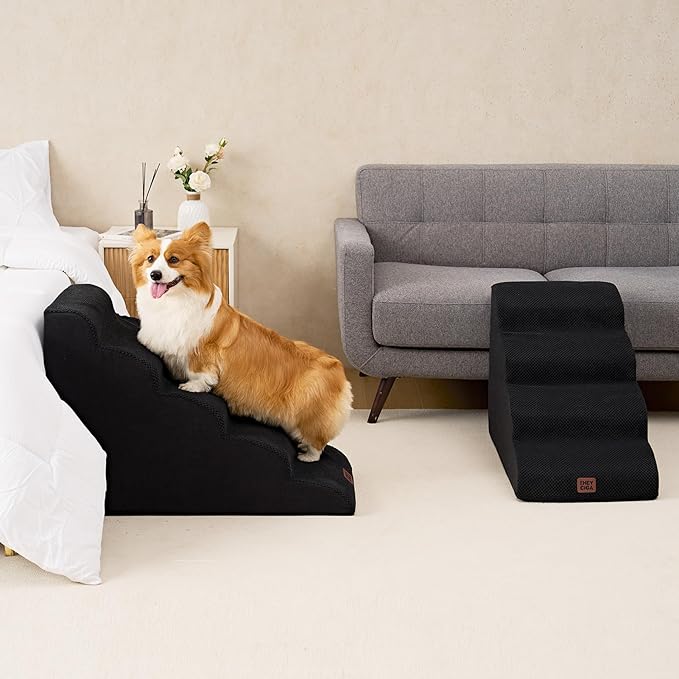 EHEYCIGA Curved Dog Stairs Ramp for High Beds 22.6" H, 5-Step Dog Steps for Small Dogs and Cats, Pet Stairs for High Bed Climbing, Non-Slip Balanced Pet Step Indoor, Black-PurrikoPets