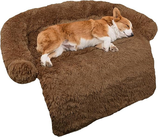 GGIB Calming Dog Bed Fluffy Plush Dog Mat for Furniture Protector with Removable Washable Cover for Large Medium Small Dogs and Cats (Medium, Brown)-PurrikoPets