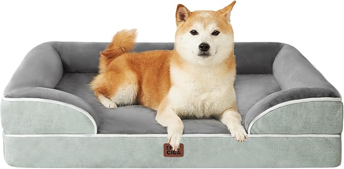 EHEYCIGA Orthopedic Dog Beds for Large Dogs, Waterproof Memory Foam Large Pet Bed with Sides, Non-Slip Bottom and Egg-Crate Foam Dog Couch Bed with Washable Removable Cover, Greyish Green-PurrikoPets
