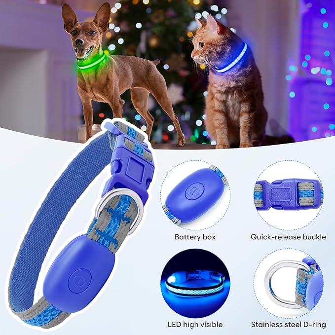 Flashseen LED Cat Collar,Light Up Dog Collar Rechargeable, Dog Lights for Night Walking, Comfortable Soft Mesh Pet Collar Adjustable for Cats Puppy and Small Dogs(Blue, XS)-PurrikoPets