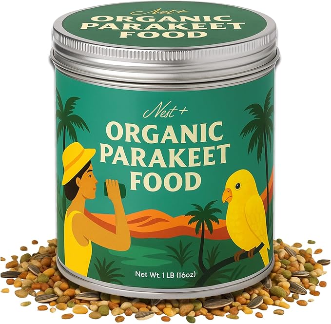 100% Organic Parakeet Food – Premium Bird Seed Mix with Oat Groats, Buckwheat, Amaranth, Super Veggies & Seeds – Reusable Tin + Stainless-Steel Scooper – Made in USA, Human Grade Ingredients (1lb)-PurrikoPets