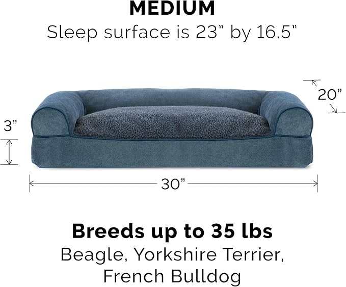 Furhaven Pillow Dog Bed for Medium/Small Dogs w/ Removable Bolsters & Washable Cover - Sherpa & Chenille Sofa - Orion Blue, Medium-PurrikoPets