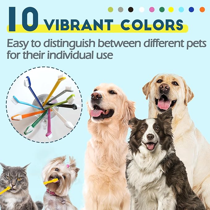 200 Pcs Dog Toothbrush Cat Tooth Brushes Bulk, Double Sided Brushing Kit, Teeth Cleaning Kit Soft Bristles Long Handle, Pet Tooth Brush for Small to Large Dog, Cat, Puppy & Kitten, 10 Colors-PurrikoPets