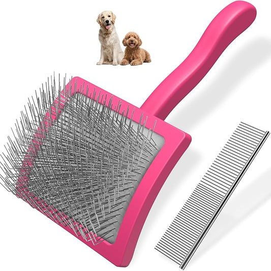 2PCS Slicker Brush for Dogs & Pet Comb,Professional Dog Grooming Brush (Goldendoodles,Poodles,Labradoodles) with Extra Long Pins to Effectively Remove Tangles, Knots and Mats (Pink)-PurrikoPets