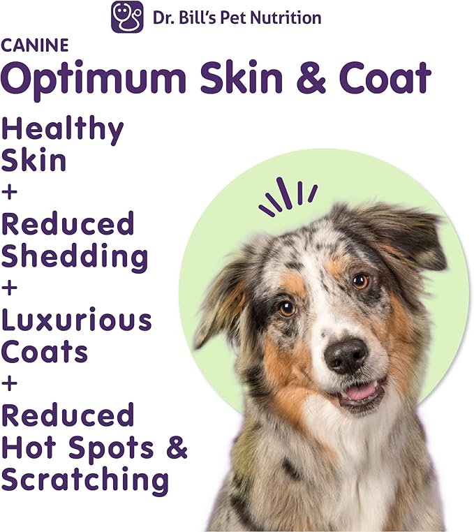 Dr. Bill's Canine Optimum Skin & Coat – Reduces Shedding, Itching, Dry Skin – Allergy Relief for Healthy Fur - Omega 3, Collagen, Biotin & Hyaluronic Acid – 340g Vet-Recommended Dog Supplement-PurrikoPets