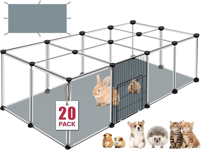 20 Panels Small Animals Playpen, 48" x 24" x 16" Transparent Pet Playpen with Waterproof Mat,Portable Plastic Enclosure Cage for Chicken/Guinea Pigs/Bunny/Ferrets/Hamsters/Hedgehogs Indoors Outdoor-PurrikoPets