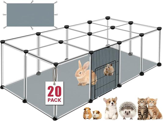 20 Panels Small Animals Playpen, 48" x 24" x 16" Transparent Pet Playpen with Waterproof Mat,Portable Plastic Enclosure Cage for Chicken/Guinea Pigs/Bunny/Ferrets/Hamsters/Hedgehogs Indoors Outdoor-PurrikoPets
