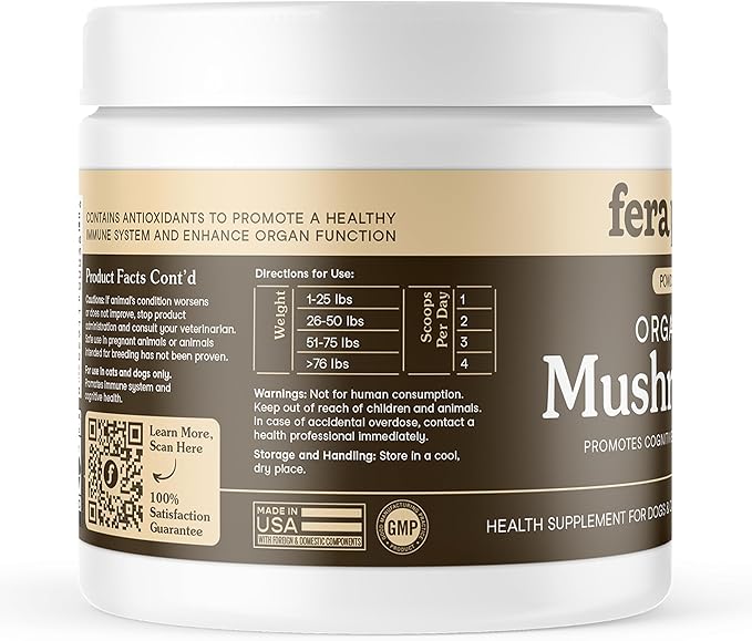 Fera Pets Mushroom Supplement for Dogs & Cats with Turkey Tail - USDA Organic - Cognitive and Immune Support - Enhances Liver Function - Supports a Healthy Gut - Powder - 120 Scoops-PurrikoPets