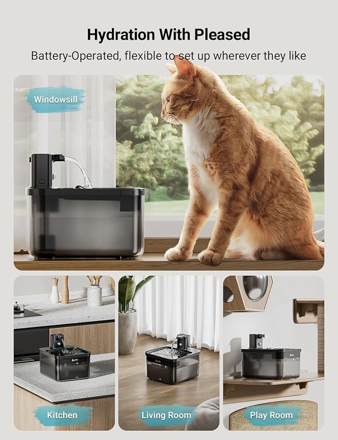 DownyPaws Battery Operated Cat Water Fountain, 84oz/2.5L Fursink Wireless Cat Waterer Fountain with Motion Sensor, BPA-Free, Black with 6 Filters-PurrikoPets