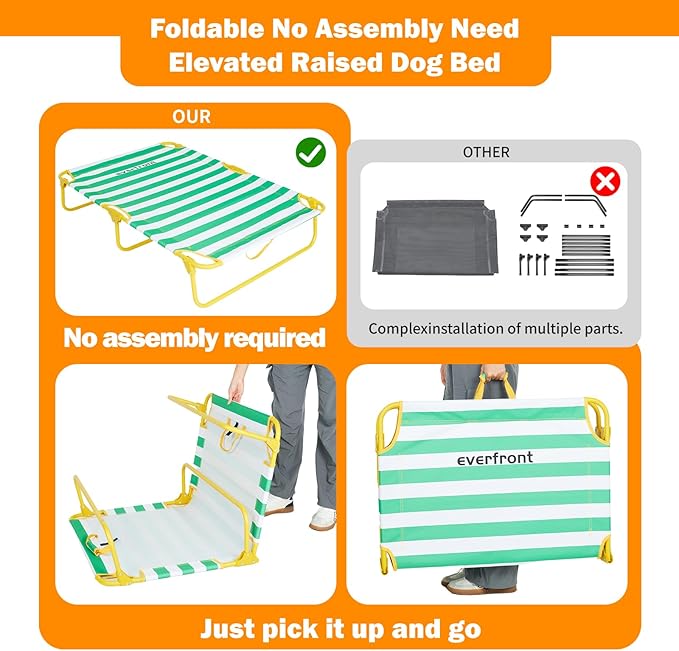 Dog Elevated Bed Foldable Portable Raised Bed Camping cot Outdoor Summer Dog Bed (Medium, GreenStripes-Oxford Fabric)-PurrikoPets