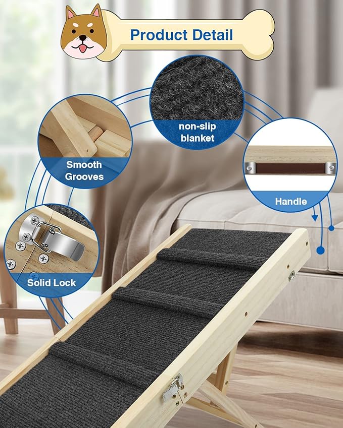 Adjustable Dog Ramp, Wooden Folding Portable Pet Ramp,Rated for 30 LBS, 32.6" Long and Adjustable from 10" to 19" with Non-Slip Traction Mat, Dog Step for Bed, Couch,Car (Grey)-PurrikoPets