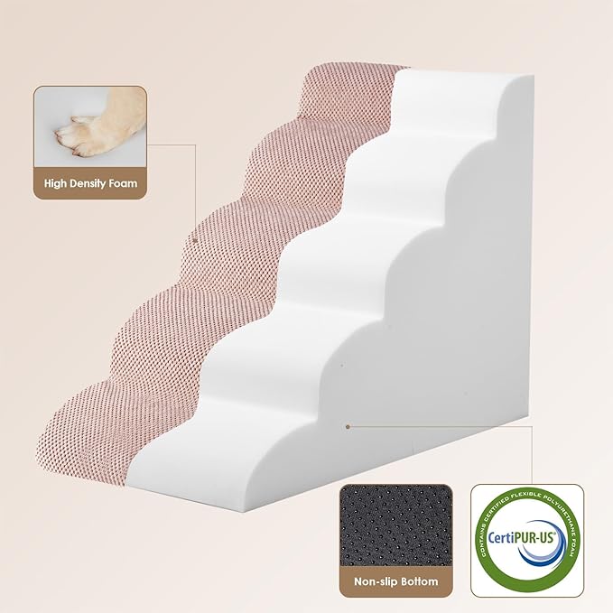 EHEYCIGA Curved Dog Stairs Ramp for High Beds 22.6" H, 5-Step Dog Steps for Small Dogs and Cats, Pet Stairs for High Bed Climbing, Non-Slip Balanced Pet Step Indoor, Dusty Pink-PurrikoPets