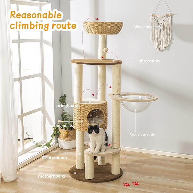 2025 Modern Cat Tree Tower for Large Cats, Advanced Space Module Cat's Nest, Hand Woven Multilevel Huge Paws Pals Tree, 7cm Natural Sisal Prop Wood, Scratching Cat Lover Gifts-PurrikoPets