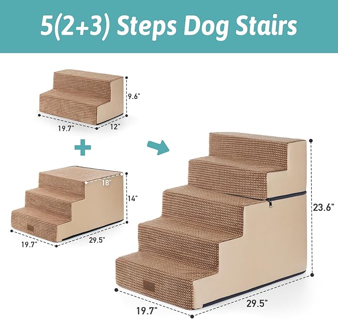 Dog Stairs for Small Dogs, 5 Tier Removable Wider Pet Stairs for Couch and Bed, 23.6" H Non-Slip Dog Steps for Puppies and Old Cats with Support Board, 29.5x19.7x23.6 inch, Light Brown-PurrikoPets