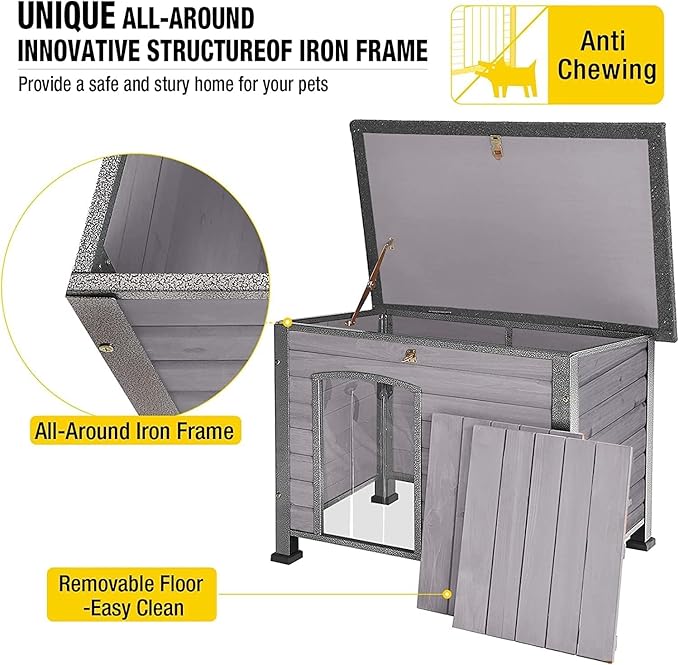 Aivituvin Dog House Outdoor Indoor Weatherproof Dog House for Small & Medium & Large Dogs with Unique All-Around Iron Frame＆Raised Feet（Grey）-PurrikoPets