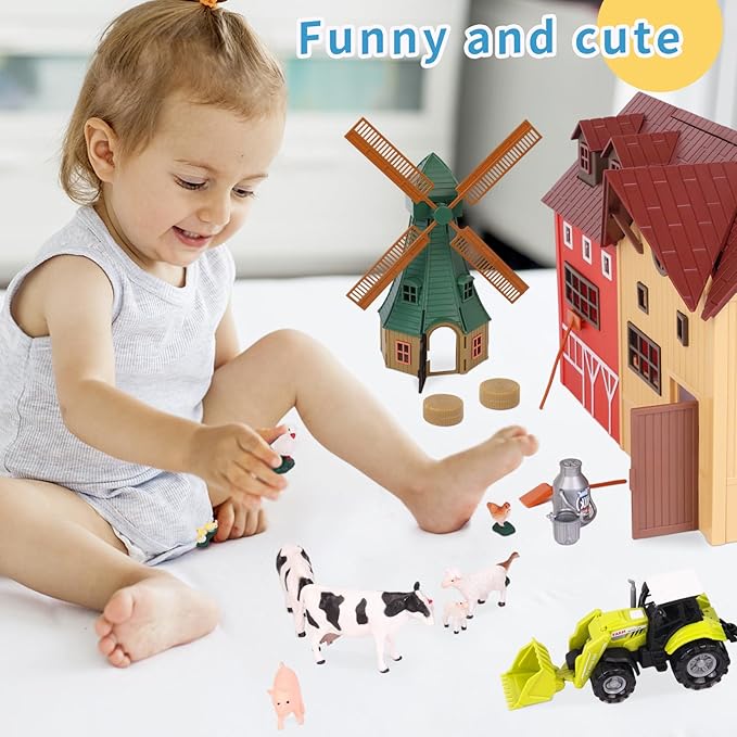 Farm Animals Figurines Toys -140 pcs Toy Set Barn Toy Horse Stable Tractor Trailer Windmill Farmer Fence Playset for Kids Toddlers Boy Girl 3-7 Years Old-PurrikoPets