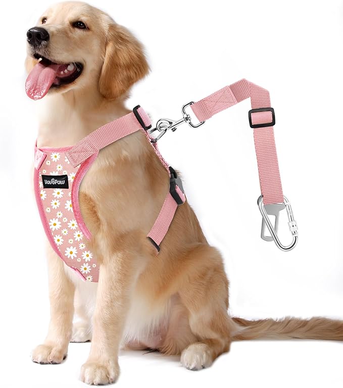 Dog Seat Belt, Safety Vest Dog Car Harness with Adjustable Buckle Dog Seat Belt for Vehicle Nylon Pet Safety Seat Belts Heavy Duty(L, Pink Daisy)-PurrikoPets