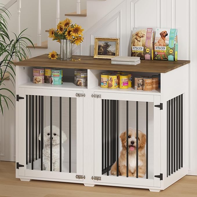 Furniture Dog Crate for 2 Dogs, 41 Inch Dog Kennel Furniture with Removable Divider and Shelf Storage, Wooden Dog Crate for Small/Medium Dogs, White-PurrikoPets