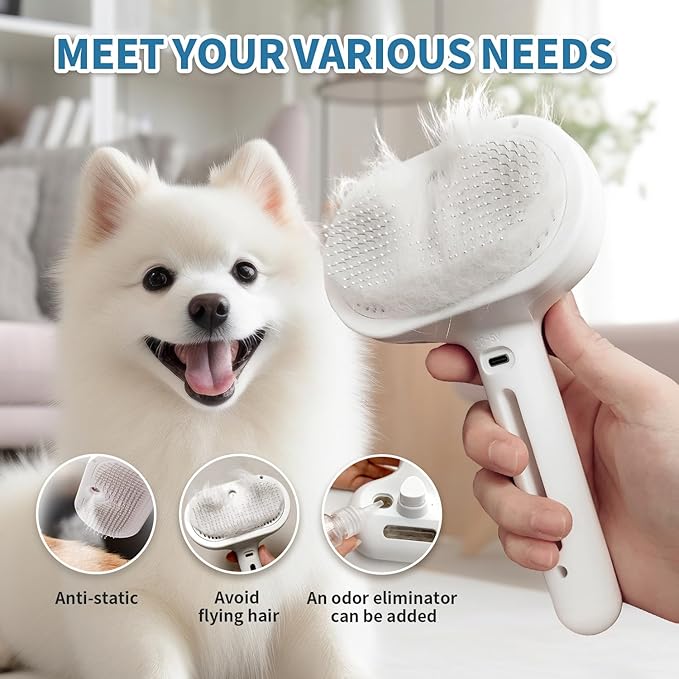 3 In 1 Self Cleaning Steamy Pet Brush - Anti-Static, Grooming Tool for Long and Short Hair Pets, Removes Loose Hair and Reduces Shedding, White-PurrikoPets