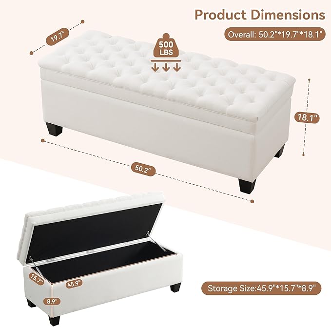 51" Fabric Storage Ottoman Bench, Upholstered Rectangle End of Bed Storage Ottoman Tufted Living Room Bedroom Bench with Safety Hinge, Solid Wood Legs, Loads 500 lb(Beige)-PurrikoPets