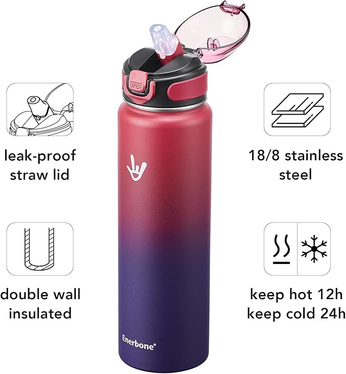 Enerbone 32 oz Insulated Water Bottle, Stainless Steel Bottle with Carrying Strap, Double-Wall Vacuum Insulation Design, Leakproof Sports Bottle with Straw, Keep Drinks Cold or Hot for Hours-PurrikoPets