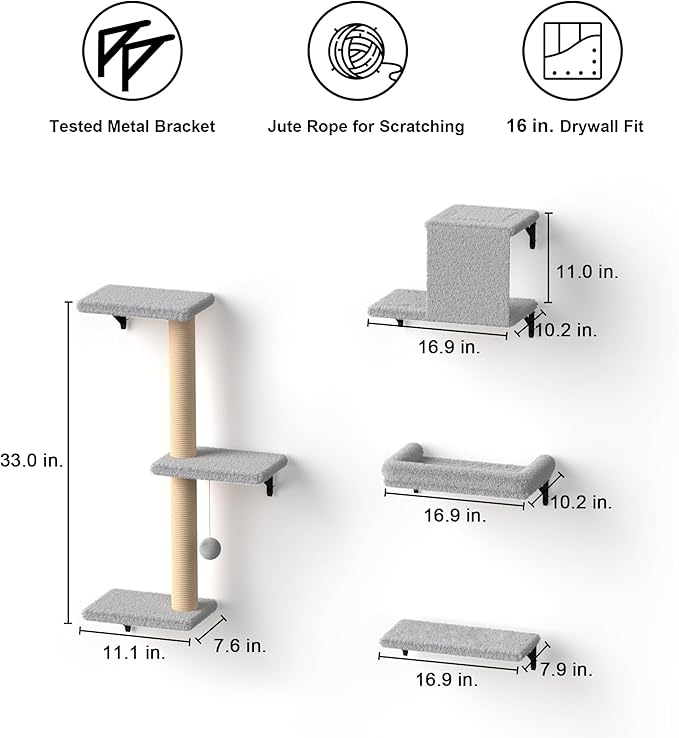 FUKUMARU Cat Wall Shelves, Stable & Safe 4 in 1 Cat Furniture Set, Wooden Climbing Wall with Scratching Post for 16 Inch Drywall - Light Gray-PurrikoPets
