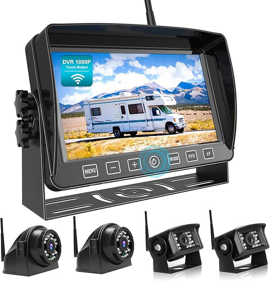 Fookoo HD 7" Wireless Backup Camera System, 1080P 7" Quad Split Screen Monitor, IP69 Waterproof Side Rear View Cameras, Parking Lines, Loop Recording, Digital Signal for RV/Trailer/Truck/Bus (DW7T4)-PurrikoPets