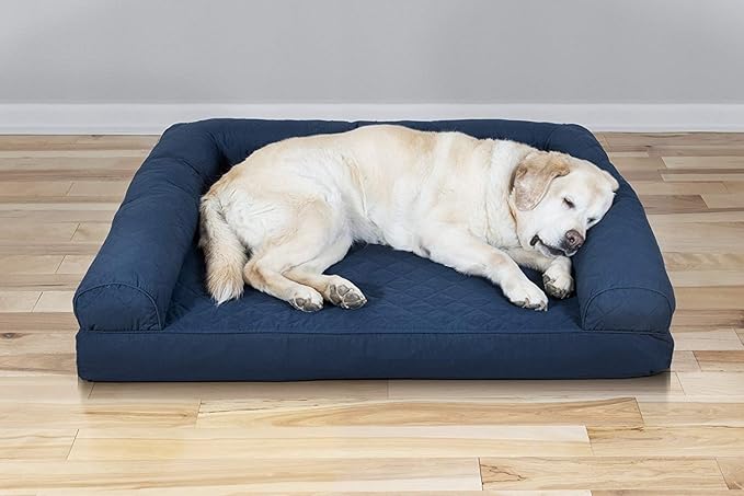 Furhaven Cooling Gel Dog Bed for Large Dogs w/ Removable Bolsters & Washable Cover, For Dogs Up to 95 lbs - Quilted Sofa - Navy (Blue), Jumbo/XL-PurrikoPets