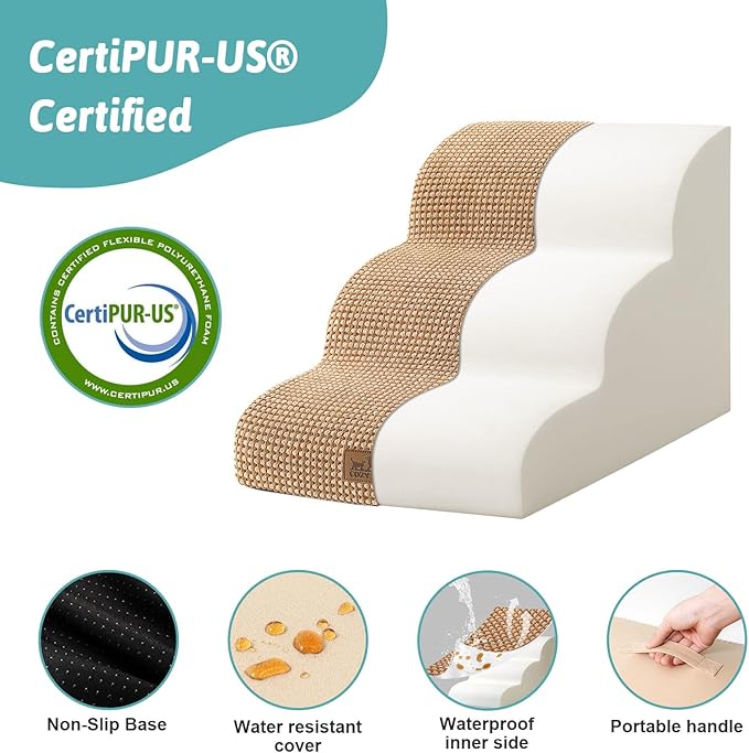 Dog Stairs for Small Dogs 15.7" H, Curved Dog Step for Puppy, Older Cat, Medium Pet Ramp for Sofa, Couch or Chair, Ladder with High Density Foam, 15.7x22.4x15.7 inch, 3 Step, Light Brown-PurrikoPets