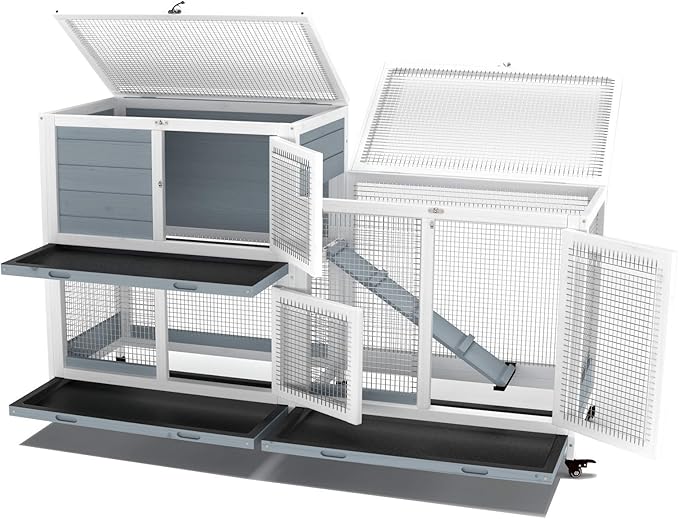GDLF Two Floors 58" Wooden Indoor Bunny Hutch Rabbit Cage on Wheels Guinea Pig PET House for Small to Medium Animals Waterproof No Leak Tray-PurrikoPets