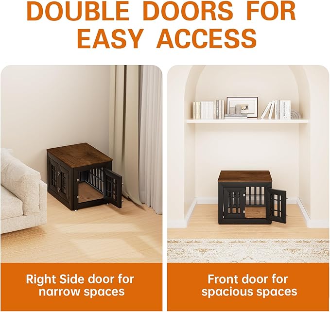 26" Heavy Duty Dog Crate Furniture for Small,Medium and Large Dogs,Rustic Wooden Dog Cage Kennel Indoor Furniture with Waterproof Top,Decorative Pet House Side End Table (Black & Wood)-PurrikoPets