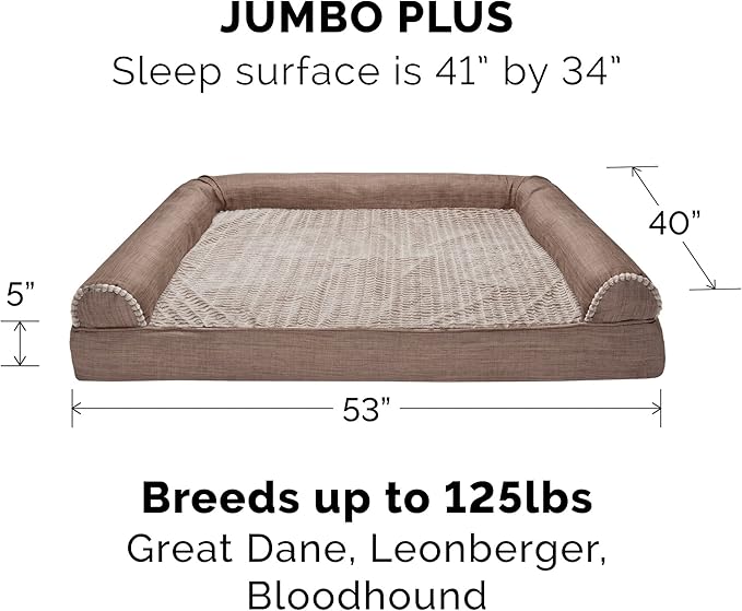 Furhaven Cooling Gel Dog Bed for Large Dogs w/ Removable Bolsters & Washable Cover, For Dogs Up to 125 lbs - Luxe Faux Fur & Performance Linen Sofa - Woodsmoke, Jumbo Plus/XXL-PurrikoPets