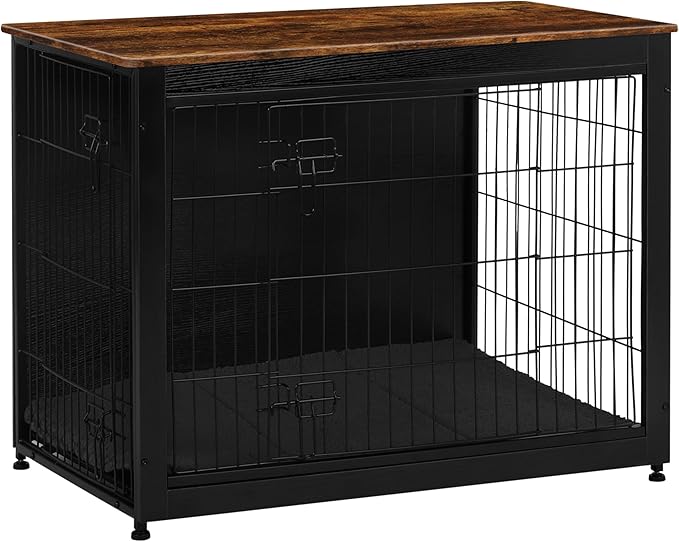 DWANTON Dog Crate Furniture with Cushion, Wooden Kennel Table with Double Doors, Indoor Dog House, Large Size, 38.5" L, Black+Rustic Brown-PurrikoPets