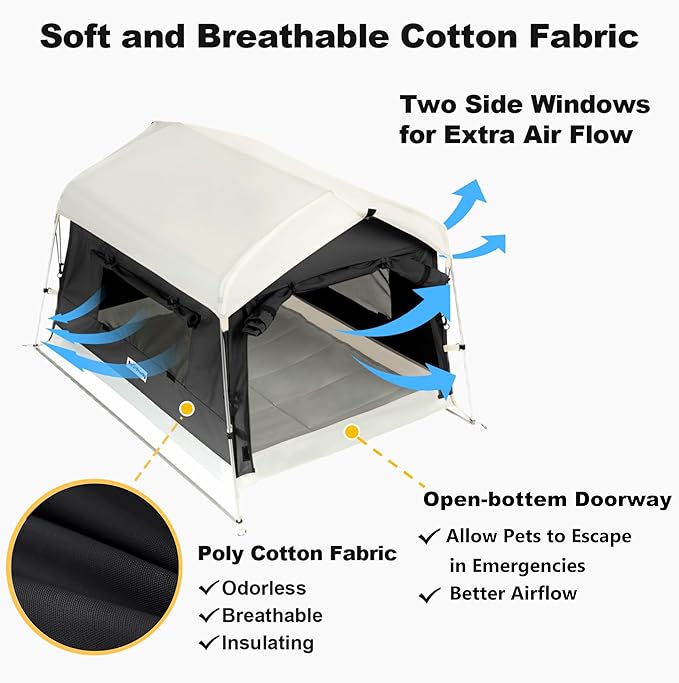 Dog Tent Cotton Fabric, Aluminum Poles and Camping Mat, Outdoor Weatherproof, Dog House Outdoor, Breathable with 2 Side Windows, Portable and Collapsible (Black, Large)-PurrikoPets