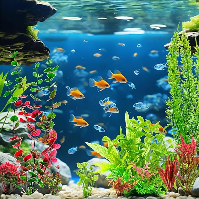 18-Piece Artificial Aquarium Plants Decorations – Large Set with Red & Green Foliage, Fish Tank Decor for Betta, Goldfish, Freshwater & Saltwater Tanks, Weighted Bases-PurrikoPets