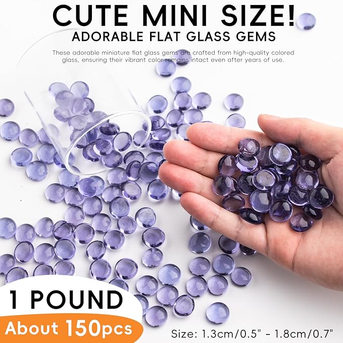 1 LB Purple Glass Marbles, Mini Flat Glass Beads~150 PCS for Vase Fillers, Floral Bottom Mancala Gems Pebbles Fish Tank Rocks for Table Aquarium,Home Decor Art Craft Supplies(0.5"~0.7")-PurrikoPets